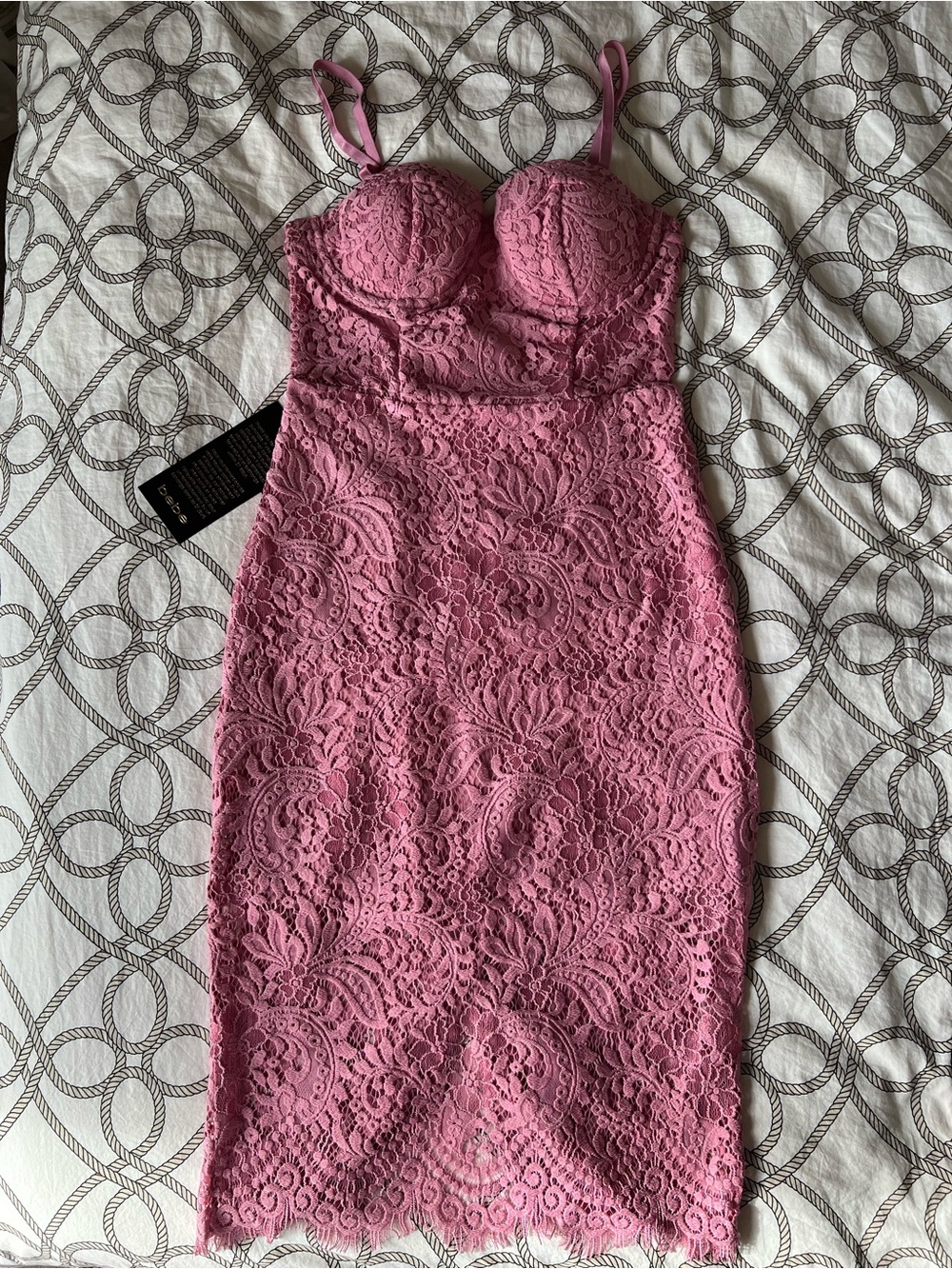 bebe Rose Pink Lace Midi Bodycon Dress